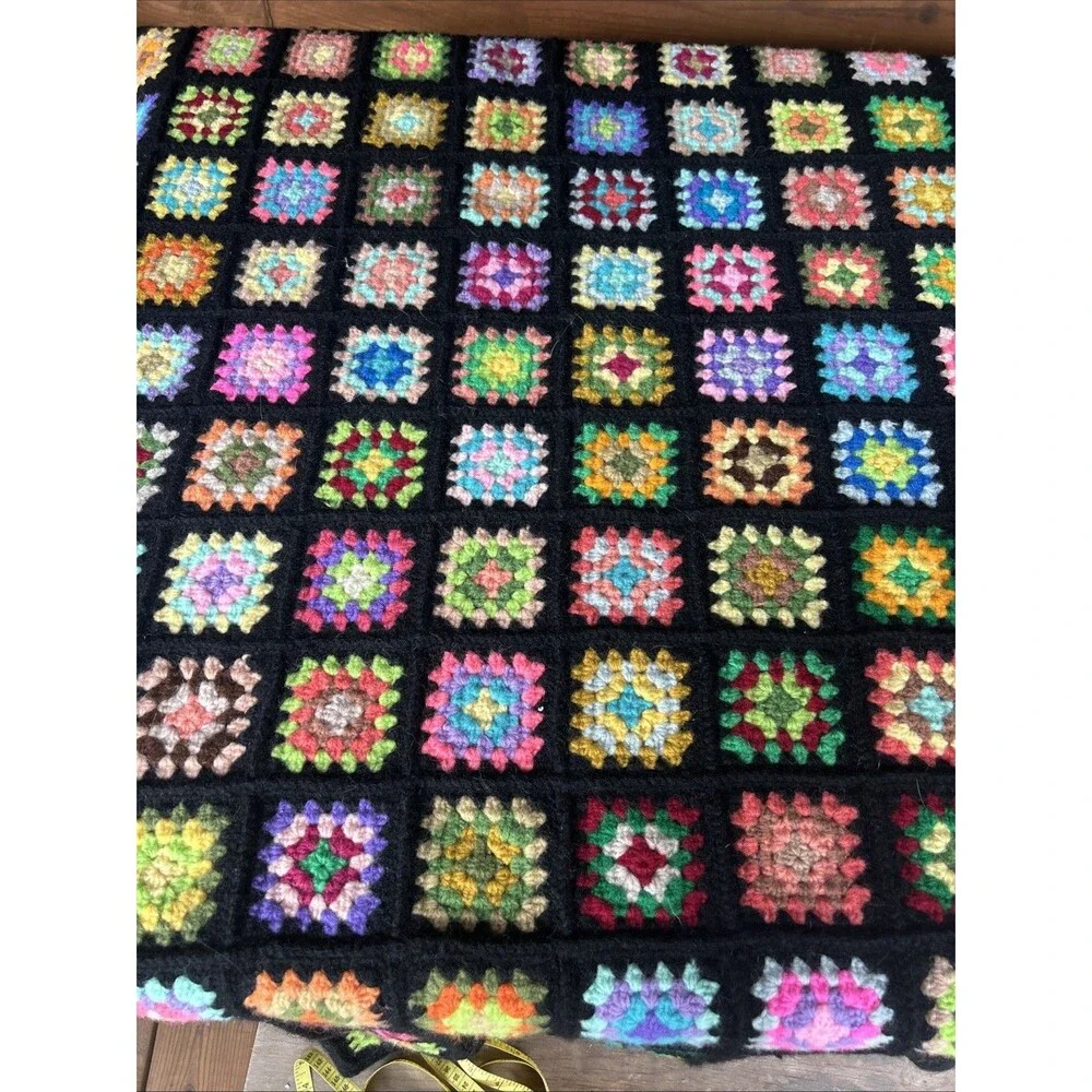 Vtg 1970s Heavy Granny Square Afghan Blanket 56x76 Black Border Retro Throw